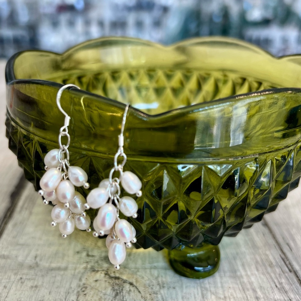 NWT Sterling Silver and White Pearl Dangly Cluster Earrings